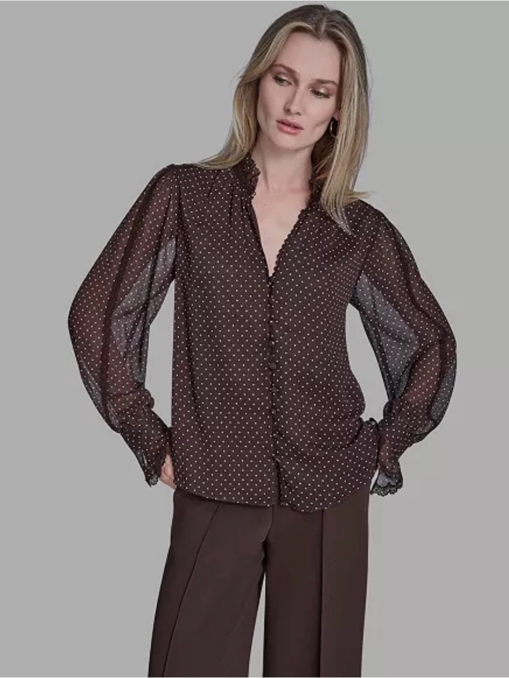 BCBG Brown Sheer Polka Dot Long-Sleeve Blouse